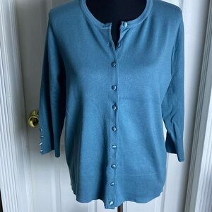 GRACE Women’s Dusty Teal Cardigan Sweater 3/4 Sleeve Satin Covered Buttons L NWT